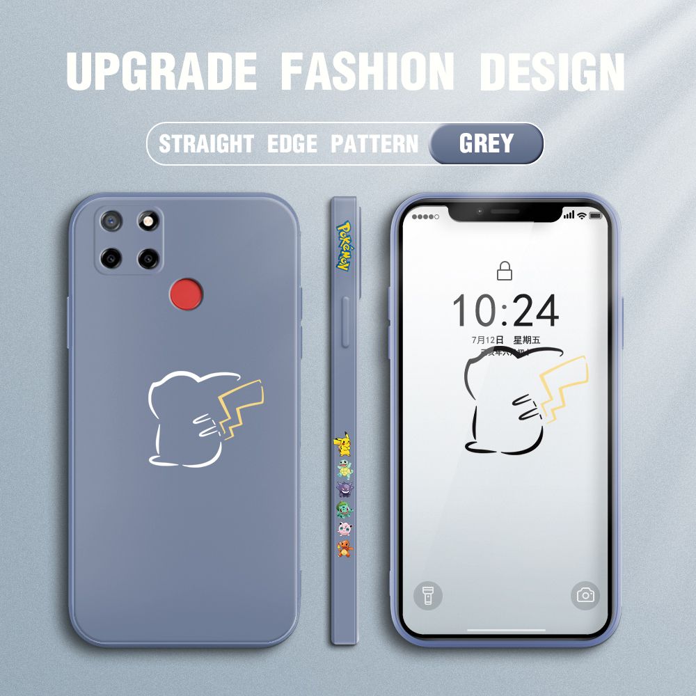 Jizetin for Realme C25S Case New Pikachu Pokémon Design Side Design Phone Case Square Edge Pattern Liquid Silicone Cases Full Cover Camera Soft Protection Case