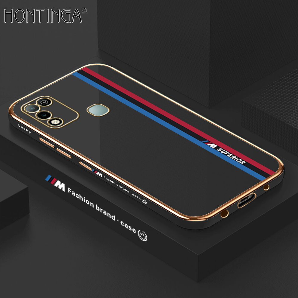 Hontinga for Infinix Hot 10 Play / Hot 11 Play Back Cover + Free Lanyard Luxury 6D Plating Fashion Racing Side Pattern Case Soft Silicone Square Phone Cases