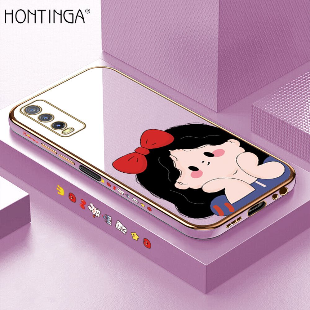Hontinga for Vivo Y12A Luxury 6D Plating Soft Casing Silicone Square Frame Phone Case Shiny Bling Back Cover Cute Bow Cartoon Girl Case