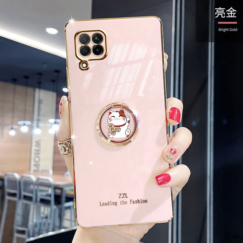 For Samsung Galaxy A22 Cover + Ring Holder Stand Shiny Plating Square Bumper Phone Case Lens Protection Soft Silicone Shockproof Protective Back Cover