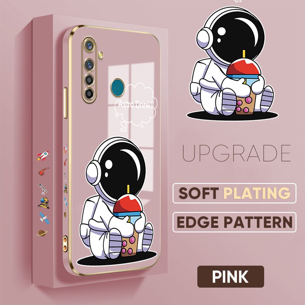 TA for Realme 5 Pro Back Cover + Free Lanyard Cute Astronaut Luxury 6D Plating Case Side Pattern Soft Silicone Square Phone Cases