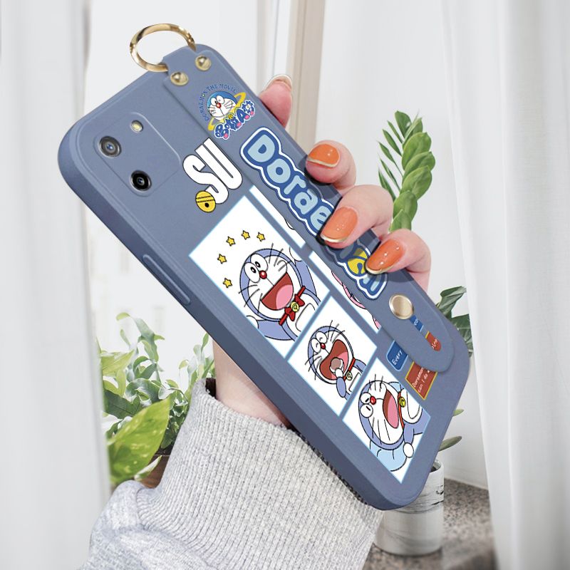 Jizetin for Realme C11 Wrist Strap Case Creative Cartoon Doraemon's Daily Life Cover Ultra Thin Anti Fall Liquid Silicone Phone Case