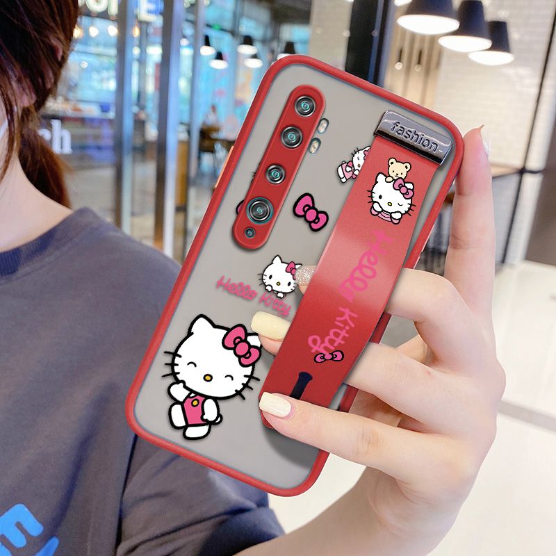 UCUC for Xiaomi Mi Note 10 Pro Wrist Strap Case Lovely KT Cat Wristband Printing Cover Shockproof Ultra Thin Phone Case
