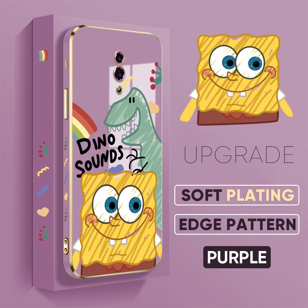TA for OPPO Reno Back Cover + Free Lanyard Sponge Dinosaur Luxury 6D Plating Case Side Pattern Soft Silicone Square Phone Cases