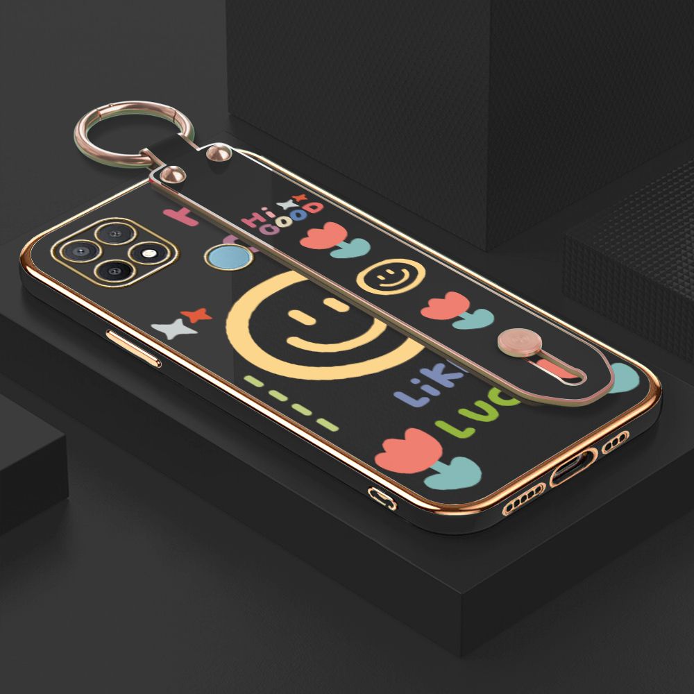 ZeroQiQi for OPPO A15 / A15S Wrist Strap Back Cover Flower Smiley Fashion Luxury 6D Plating Soft Casing Silicone Square Frame Phone Case