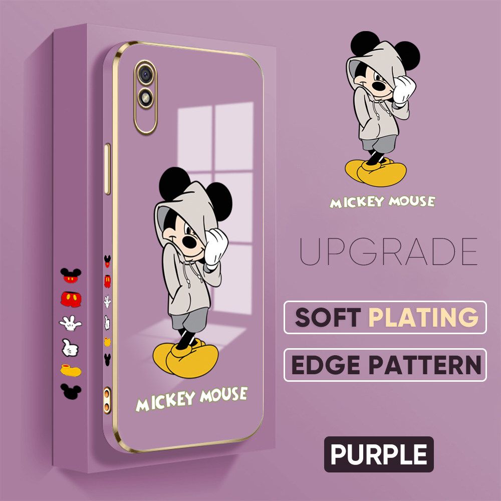 TA for Redmi 9A Back Cover + Free Lanyard Handsome Mouse Luxury 6D Plating Case Side Pattern Soft Silicone Square Phone Cases