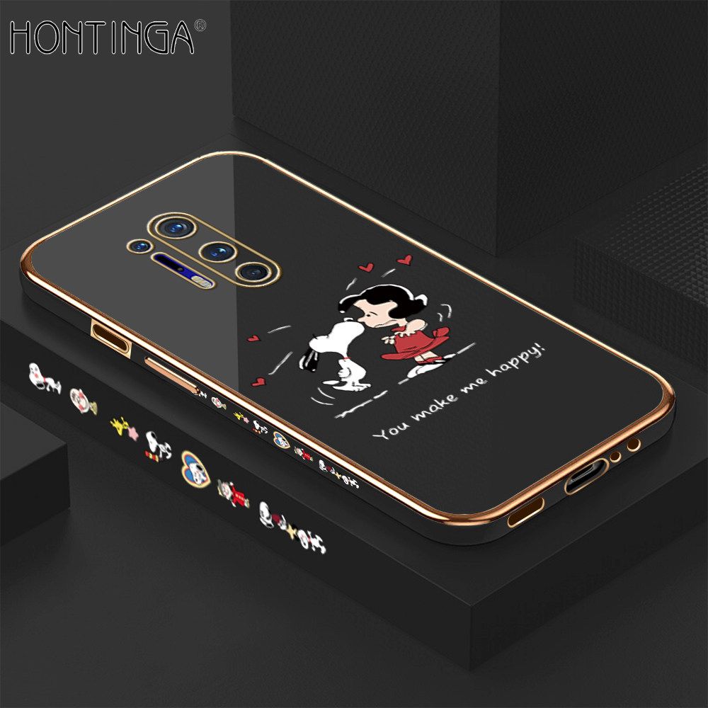Hontinga for OnePlus 8 Pro Back Cover + Free Lanyard Luxury 6D Plating Happy Puppy and Girl Side Pattern Case Soft Silicone Square Mobile Cover
