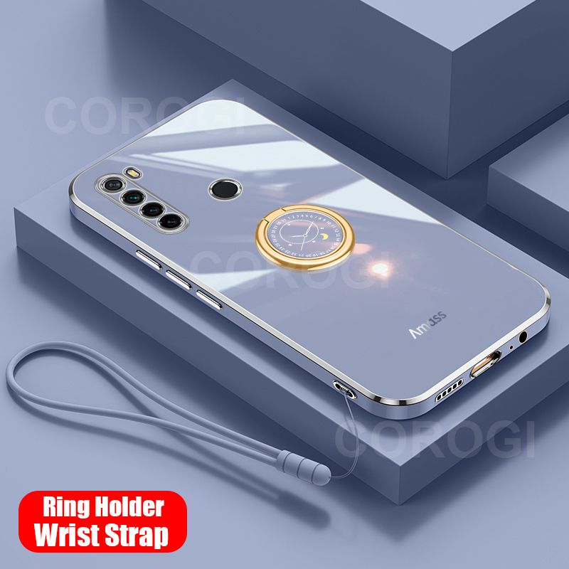 For Xiaomi Redmi Note 8 Back Cover with Ring Holder Stand + Wrist Strap Shiny Plating Square Bumper Protective Case Soft Silicone Shockproof Mobile Phone Cases