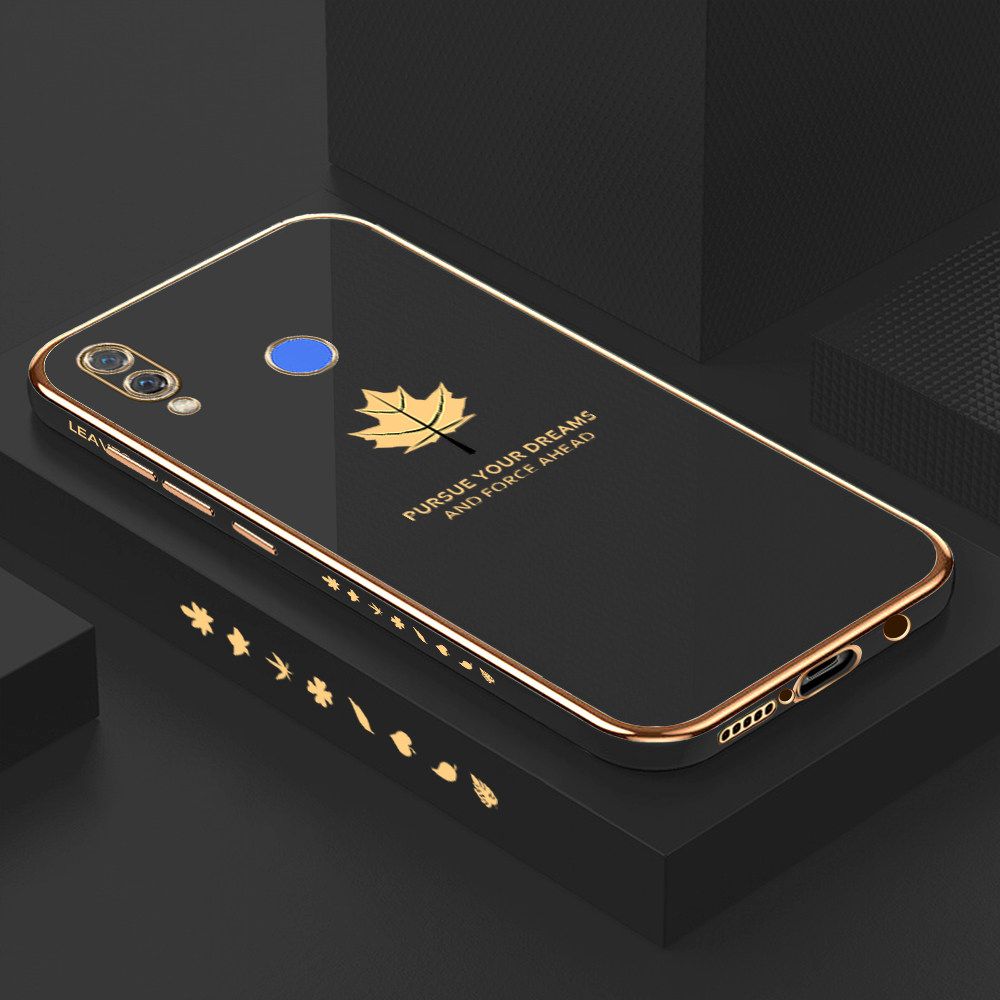 Luxury 6D Plating Soft Casing Silicone Square Frame Phone Case For Huawei Nova 3 Case Shiny Bling Back Cover New Maple Leaf Square Edge Pattern Design Soft Case + Free Lanyard