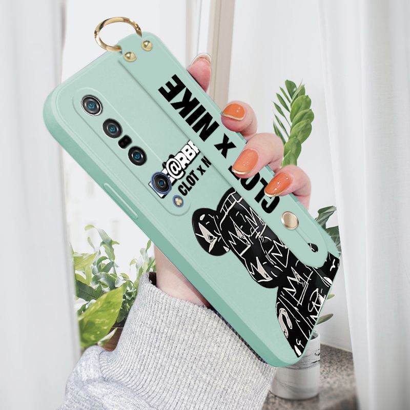 Jizetin for Xiaomi Mi 10 Pro Wrist Strap Case Creative Cartoon Black Stitching Bear Cover Ultra Thin Anti Fall Liquid Silicone Phone Case