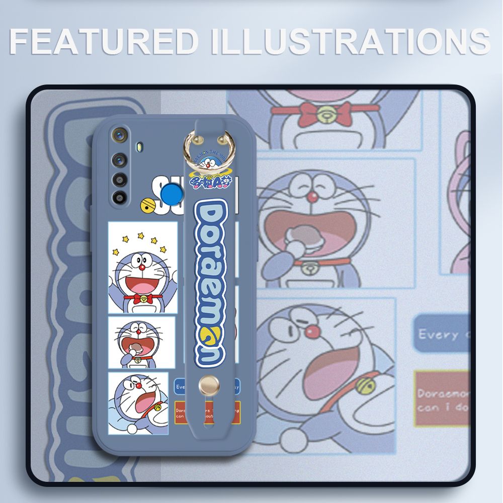 UCUC for Realme 5 Wrist Strap Case Creative Cartoon Doraemon's Daily Life Cover Ultra Thin Anti Fall Liquid Silicone Phone Case
