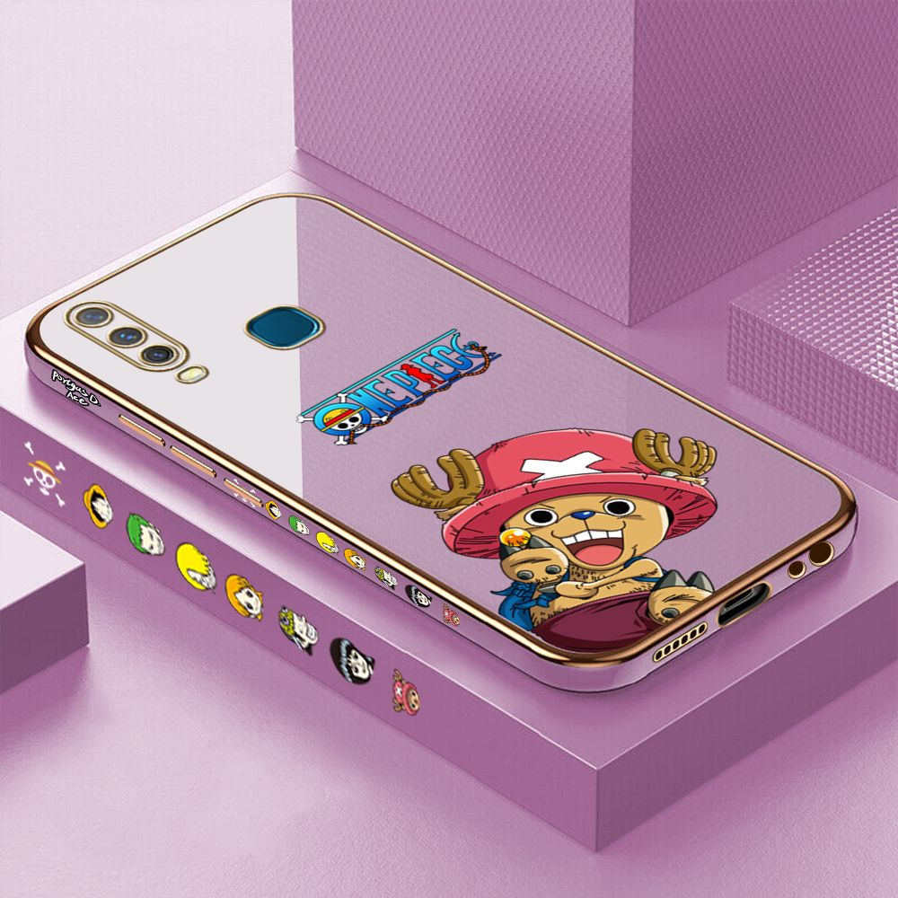 Luxury 6D Plating Case for Vivo Y12 Cartoon Anime Choba Side Pattern Back Cover Soft Silicone Square Frame Shiny Bling Phone Cases + Free Lanyard