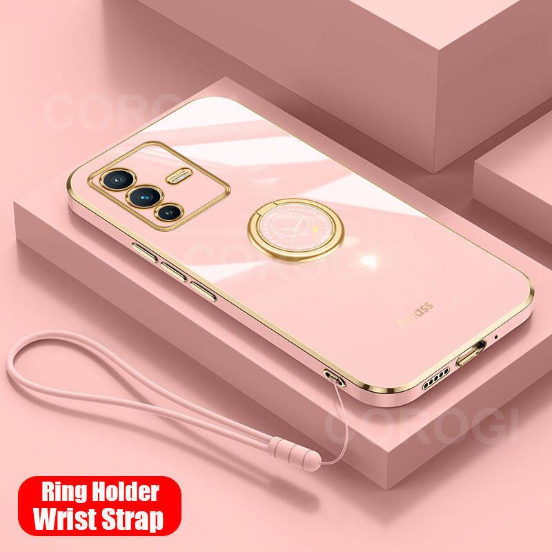 For Vivo V23 5G Back Cover with Ring Holder Stand + Wrist Strap Shiny Plating Square Bumper Protective Case Soft Silicone Shockproof Mobile Phone Cases