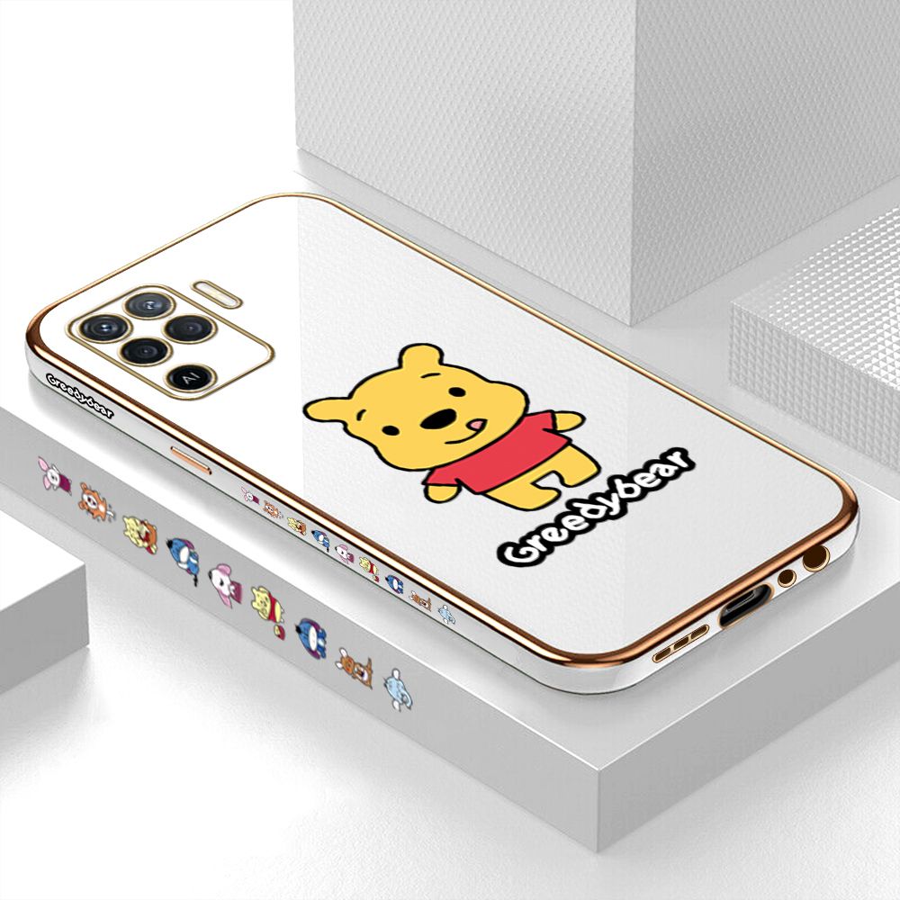 Luxury 6D Plating Case for OPPO F19 Pro A94 Cartoon Squirming Bear Side Pattern Back Cover Soft Silicone Square Phone Cases + Free Lanyard