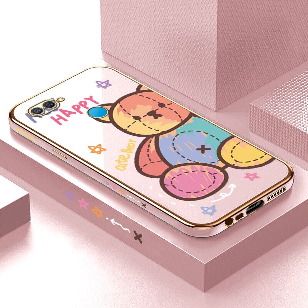 Luxury 6D Plating Case for OPPO A7 Color Cartoon Doll Bear Side Pattern Back Cover Soft Silicone Square Frame Shiny Bling Phone Cases + Free Lanyard