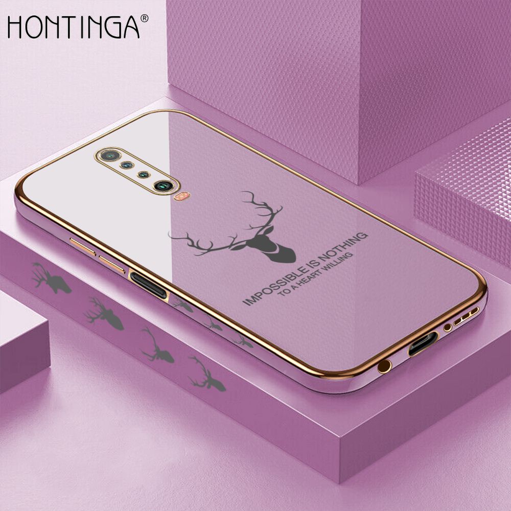 Hontinga for Xiaomi Poco X2 Back Cover + Free Lanyard Luxury 6D Plating Cartoon Lucky Side Pattern Case Soft Silicone Square Phone Cases