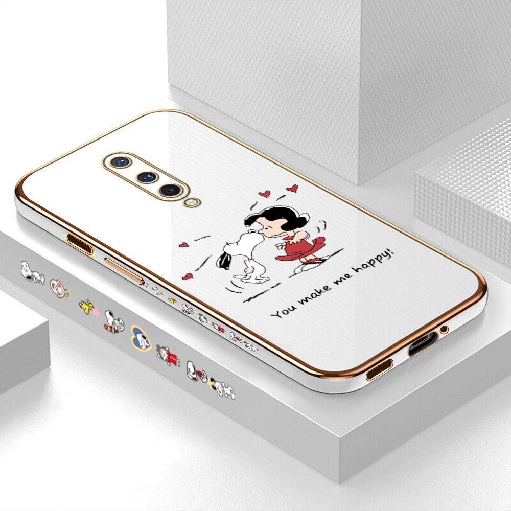 Luxury 6D Plating Case for OnePlus 8 Happy Cartoon Puppy Side Pattern Back Cover Soft Silicone Square Frame Shiny Bling Phone Cases + Free Lanyard