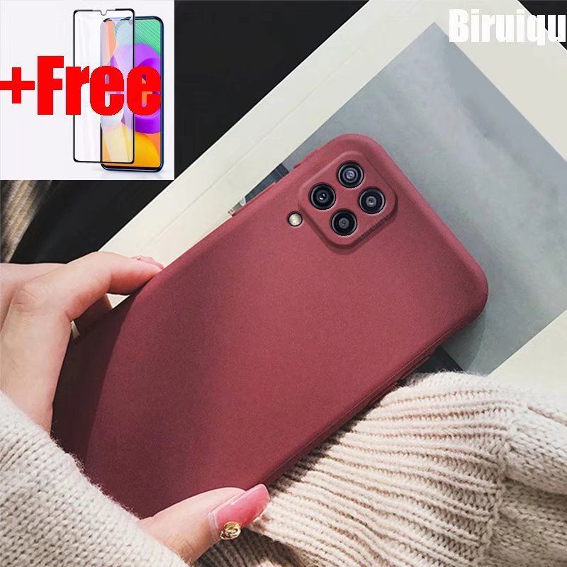 (Free Tempered Glass)Biruiqu For Samsung Galaxy M22 Shockproof Anti Slip Soft TPU Sandstone Matte Back Case Cover