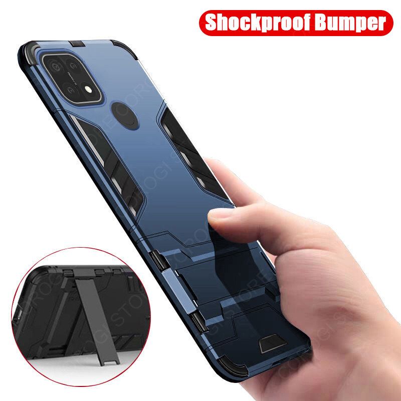 For OPPO A15s Cover Shockproof Hybrid Armor Stand Holder Design Phone Case Hard Plastic Soft TPU Silicone Bumper Protective Back Cover