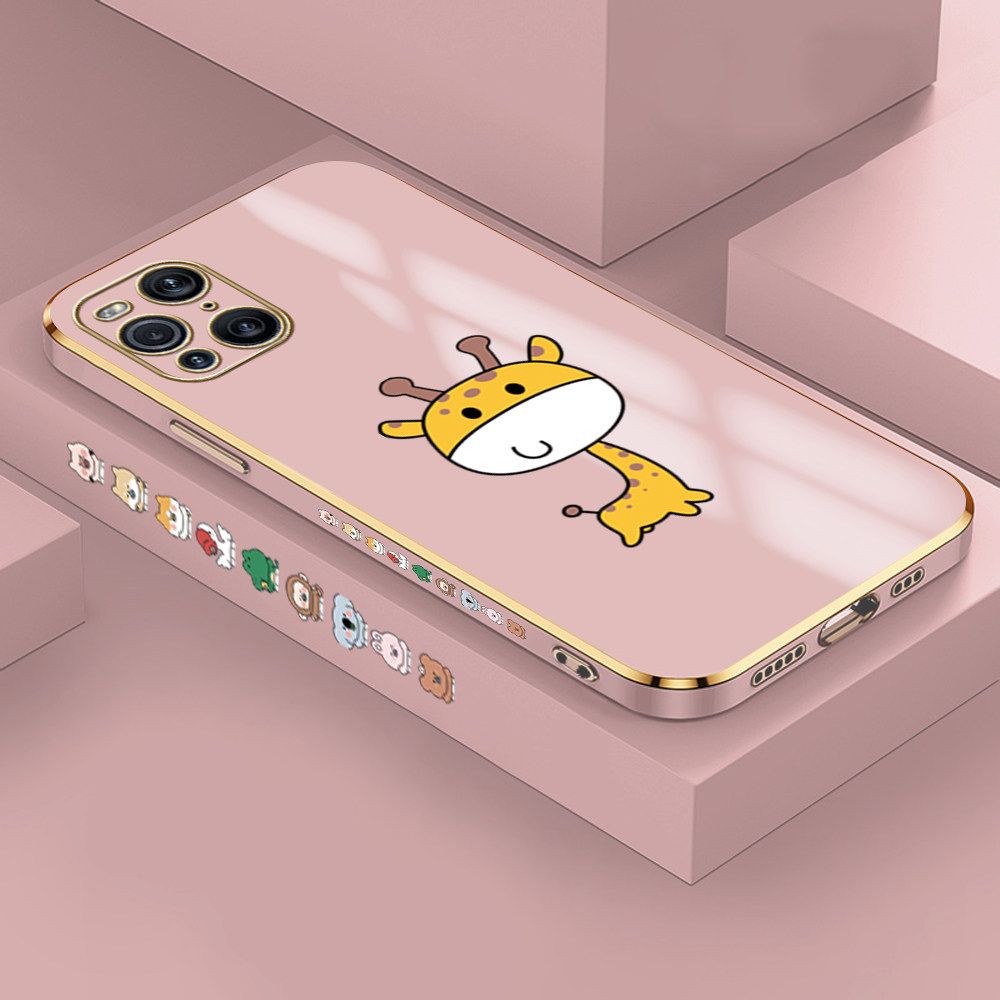 Jizetin (Free Lanyard) OPPO Find X3 Pro Case Cute Cartoon Big Head Giraffe Luxury 6D Plating Soft Casing Silicone Ultra Thin Phone Cover