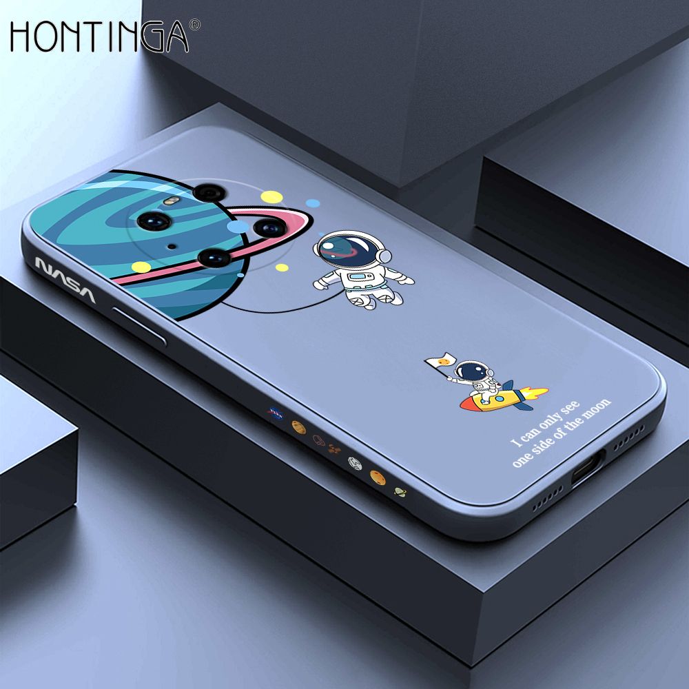 Hontinga for Huawei Mate 40 Pro Case Cartoon Astronaut Side Design Back Cover Soft Square Edge Liquid Silicone Phone Cases