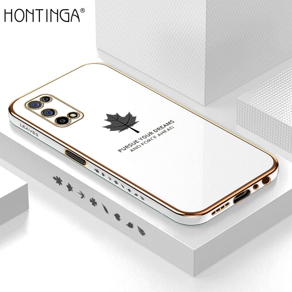 Hontinga for Realme 7 5G Case + Free Lanyard Luxury 6D Plating Soft Casing Silicone Square Frame Phone Case Shiny Bling Back Cover Maple Leaf Side Pattern Case