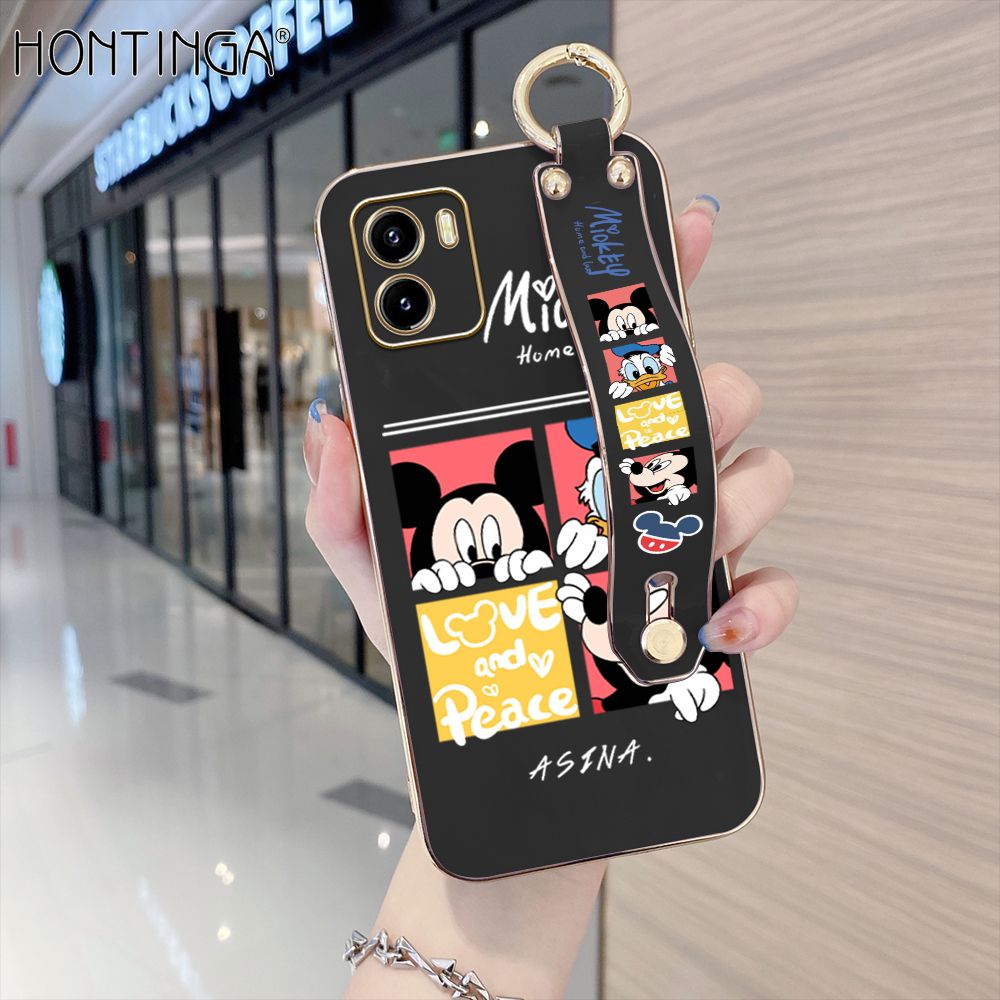 Hontinga for Vivo Y15S / Y15A / Y01 Back Cover With Wristband Luxury 6D Plating Cartoon Case Soft Silicone Square Phone Cases