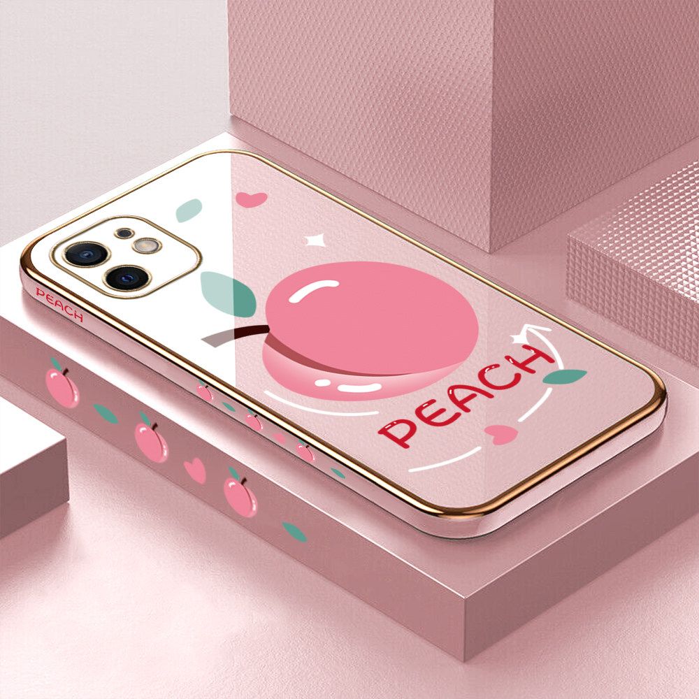 Luxury 6D Plating Case for iPhone 12 Mini Cartoon Simple Peach Side Pattern Back Cover Soft Silicone Square Frame Shiny Bling Phone Cases + Free Lanyard