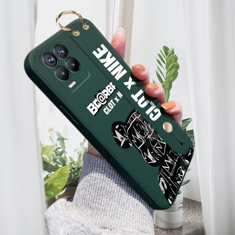 Jizetin for Realme 8 / Realme 8 Pro Wrist Strap Case Creative Cartoon Black Stitching Bear Cover Ultra Thin Anti Fall Liquid Silicone Phone Case