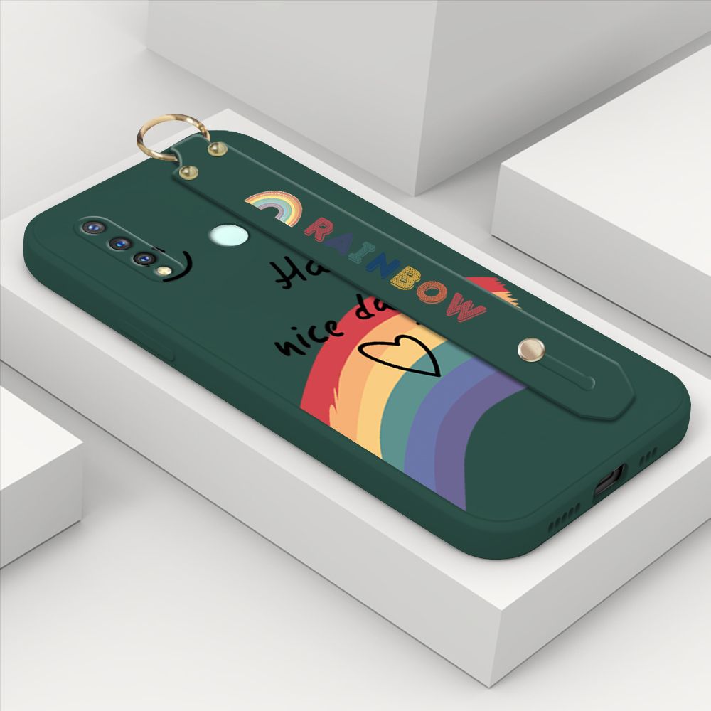 ZeroQiQi for Vivo Y19 Wrist Strap Case Lovely Graffiti Rainbow Smile Thin Phone Cover Square Edge Liquid Silicone Creativity Phone Case
