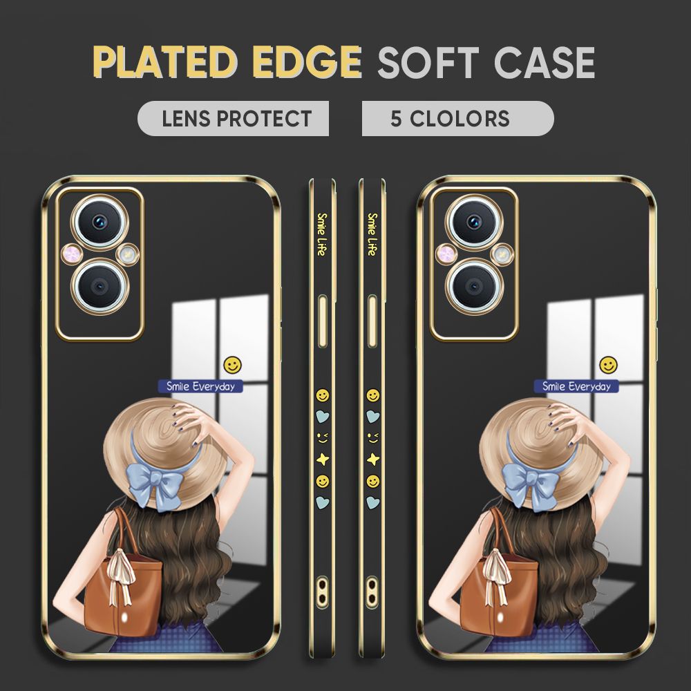 Luxury 6D Plating Case for OPPO F21 Pro 5G / Reno7 Z 5G / Reno8 Z 5G Back Cover Cartoon Hat Girl Side Pattern Soft Silicone Square Phone Cases