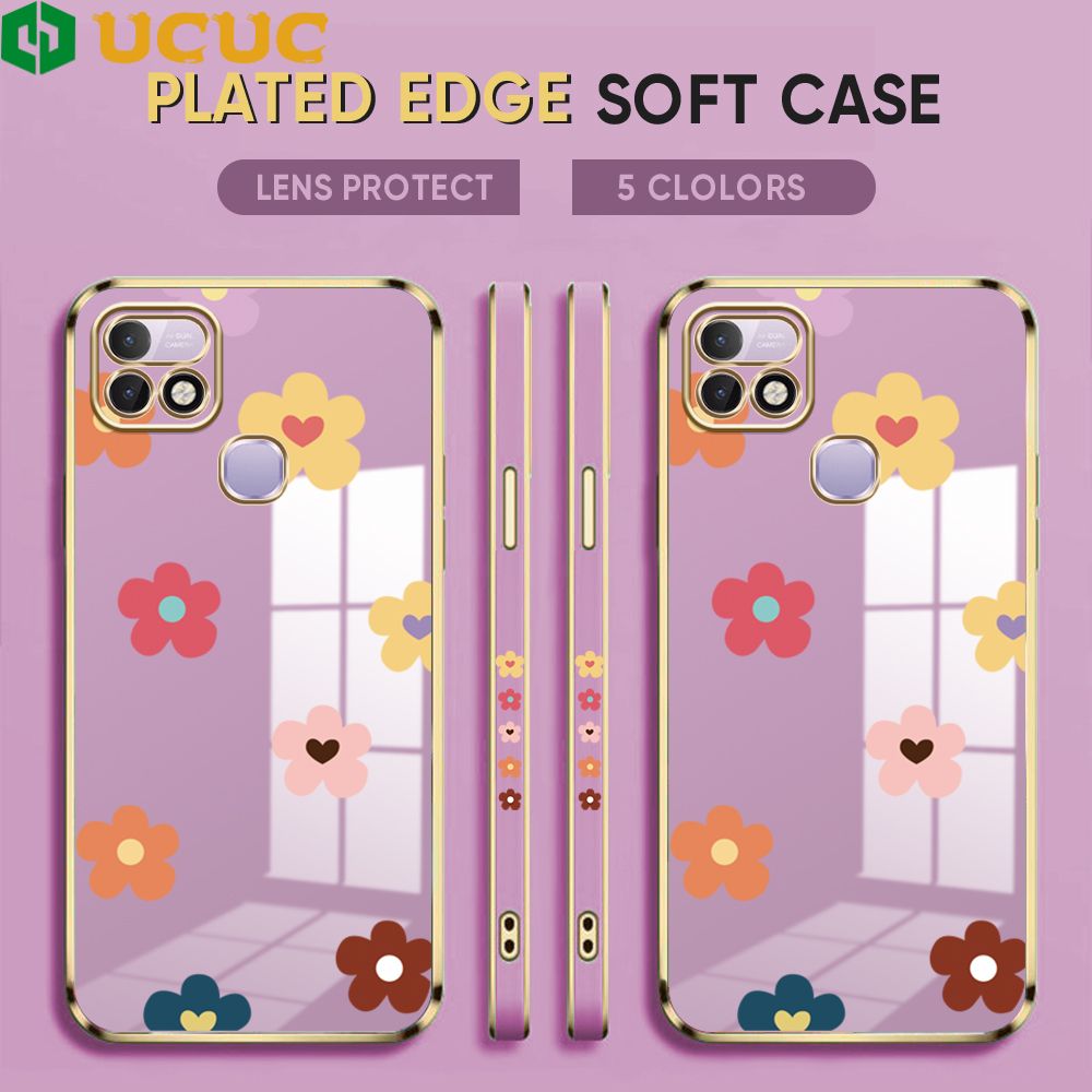 UCUC for Infinix Hot 10I / Smart 5 Pro / X659B / PR652B / X658E Back Cover + Free Lanyard INS Style Flower Luxury 6D Plating Case Side Pattern Soft Silicone Square Phone Cases