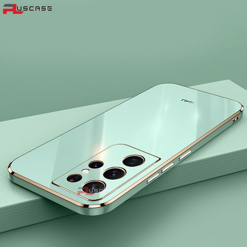PlusCase for Samsung Galaxy S21 Ultra 5G 6D Plating Soft Case Lens Protector Square Frame Silicone Glossy Shockproof Phone Back Cover