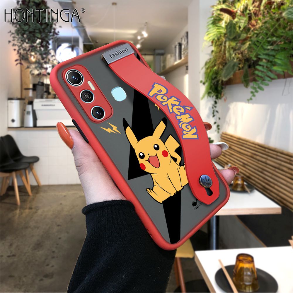 Hontinga for Infinix Hot 11 Back Cover With Wristband Cartoon Pikachu Phone Casee Full Lens Protection Thin Frosted Cases