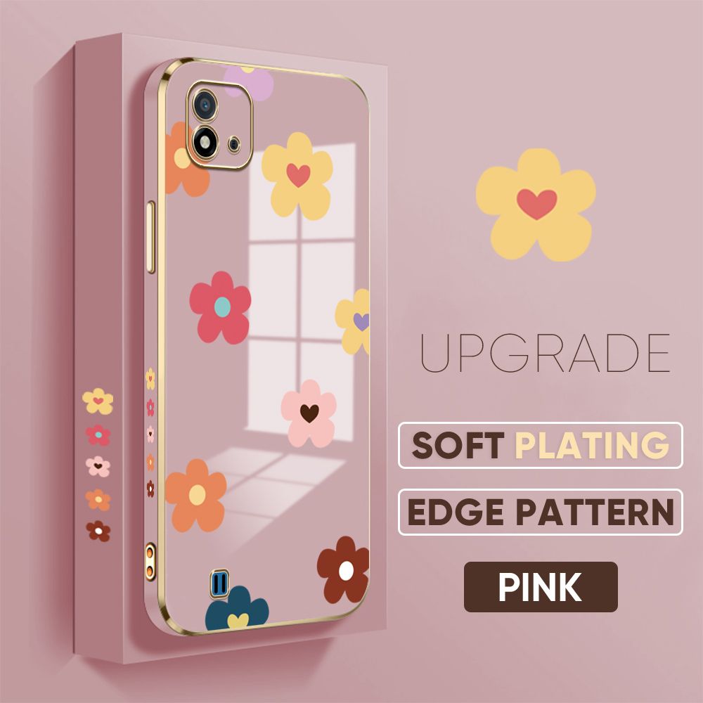 TA for Realme C11 2021 / Realme C20 / Realme C20A Back Cover + Free Lanyard Falling Flowers Luxury 6D Plating Case Side Pattern Soft Silicone Square Phone Cases