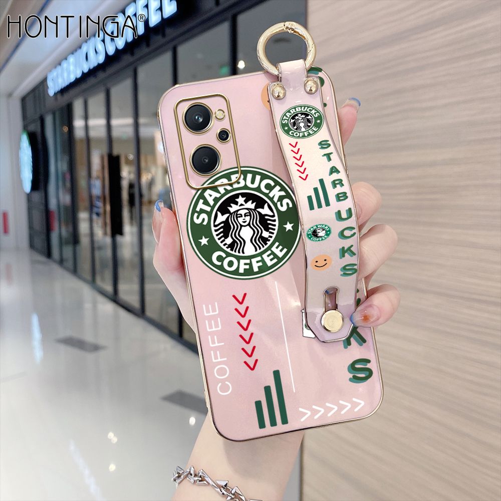 Hontinga for Realme 9i Back Cover With Wristband Luxury 6D Plating Coffee Sign Case Soft Silicone Square Phone Cases