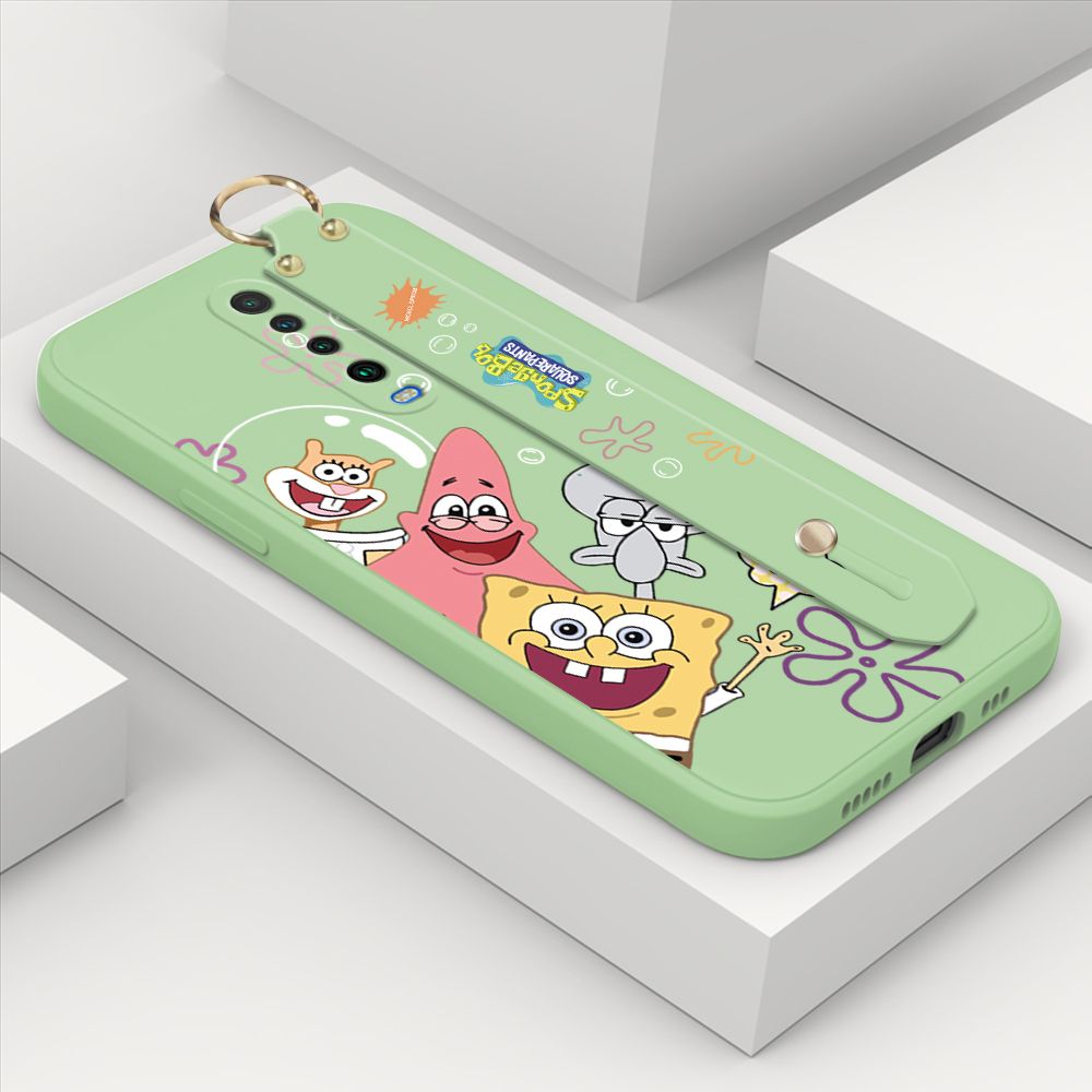 ZeroQiQi for Xiaomi Poco X2 Wrist Strap Case Cute Cute Funny Cartoon Sponge for Square Pants Cover Square Edge Liquid Silicone Anti-drop Phone Case