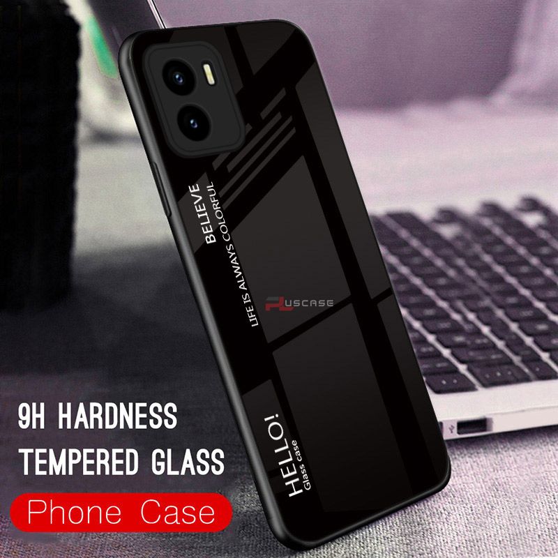 PlusCase for Vivo Y01/Y15s Case Glass Hard Gradient Painted Shockproof Phone Back Cover