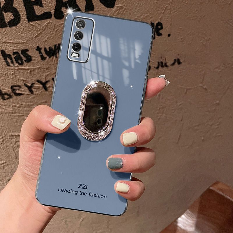For Vivo Y12A Back Cover + Rhinestone Ring Holder Stand Shiny Plating Square Bumper Girls Phone Case Soft TPU Silicone Shockproof Protective Cover