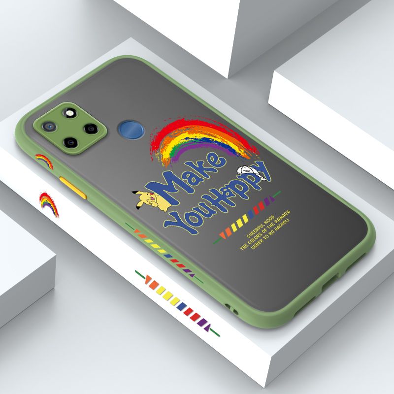 ZeroQiQi for Realme C12 Case Creative Cartoon Rainbow Pikachu Side Printing Cover Frosted Ultra Thin Protective Anti Fall Phone Case