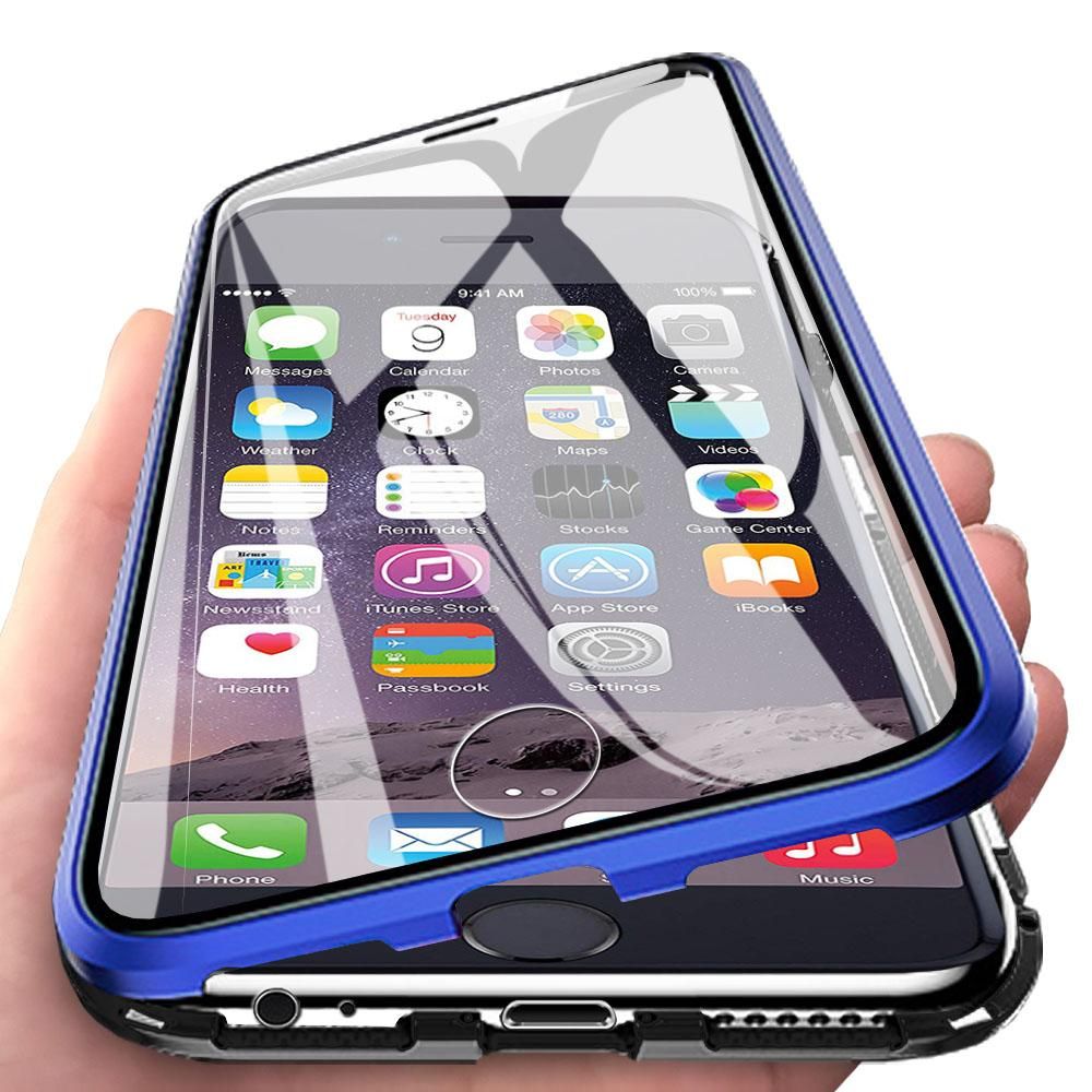 For Apple iPhone 6 Casing 360° Full Body Transparent Tempered Glass with Magnetic Adsorption Metal Bumper Case Cover