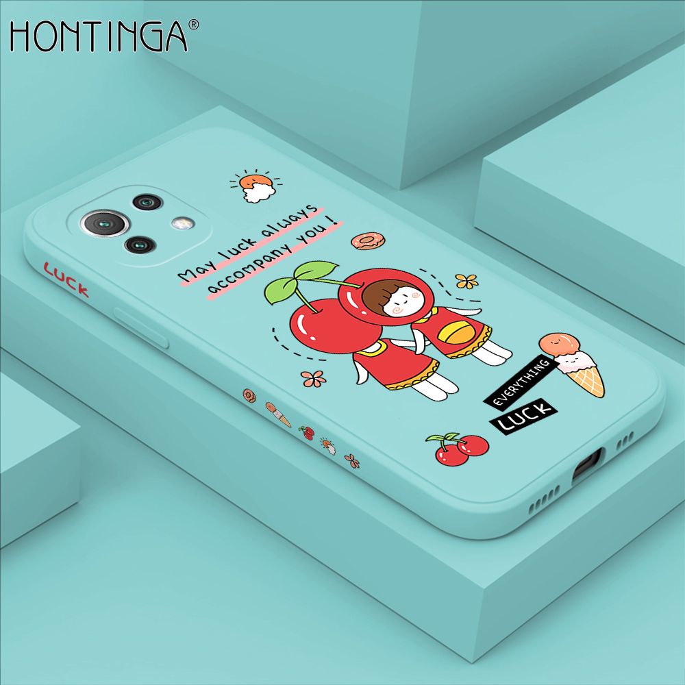 Hontinga for Xiaomi Mi 11 Lite 5G Case Side Design Cute Cherry Girl Back Cover Soft Square Edge Pattern Liquid Silicone Trend Phone Cases