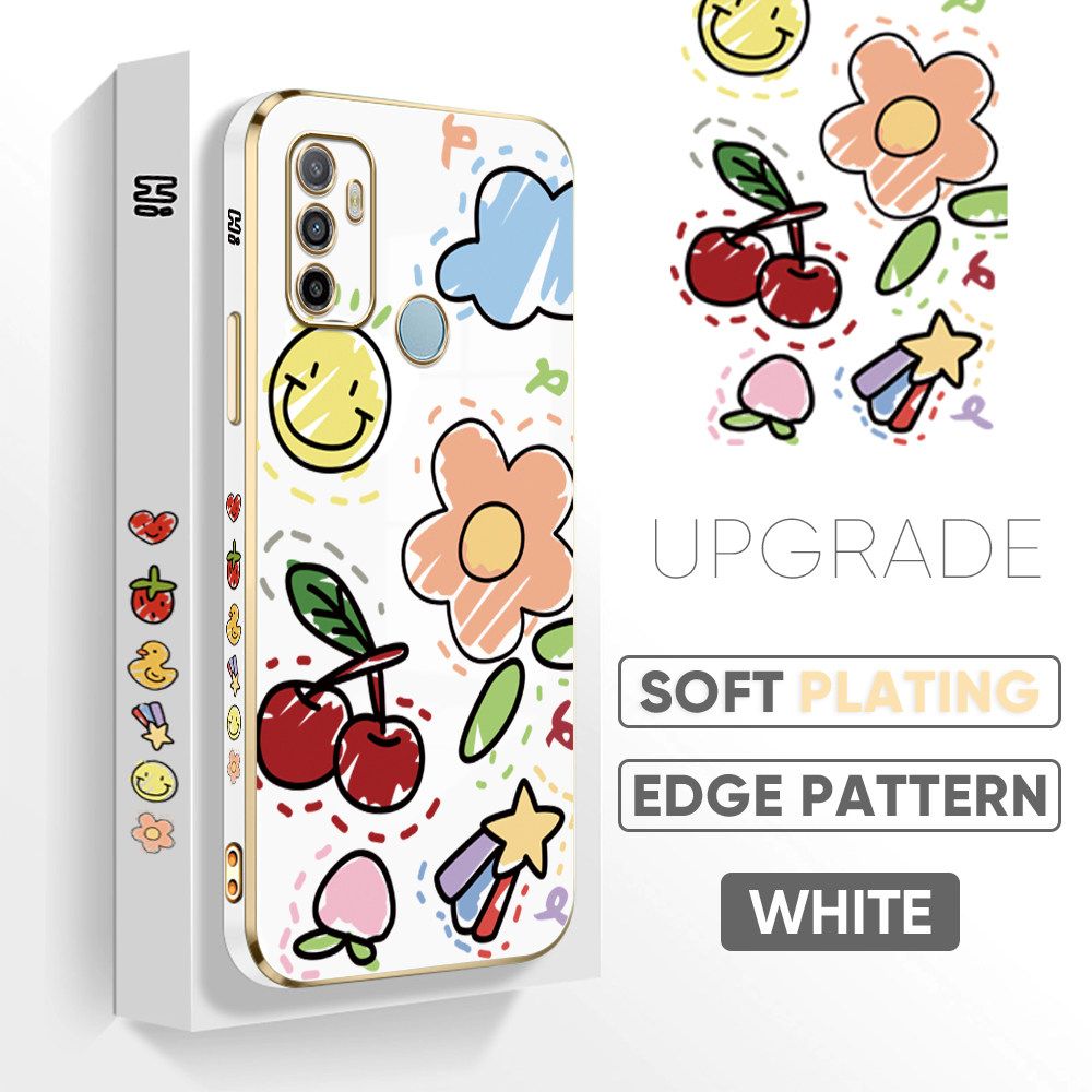 TA for OPPO A53 2020 / A33 2020 Back Cover + Free Lanyard Colorful Fruit Painting Luxury 6D Plating Case Side Pattern Soft Silicone Square Phone Cases