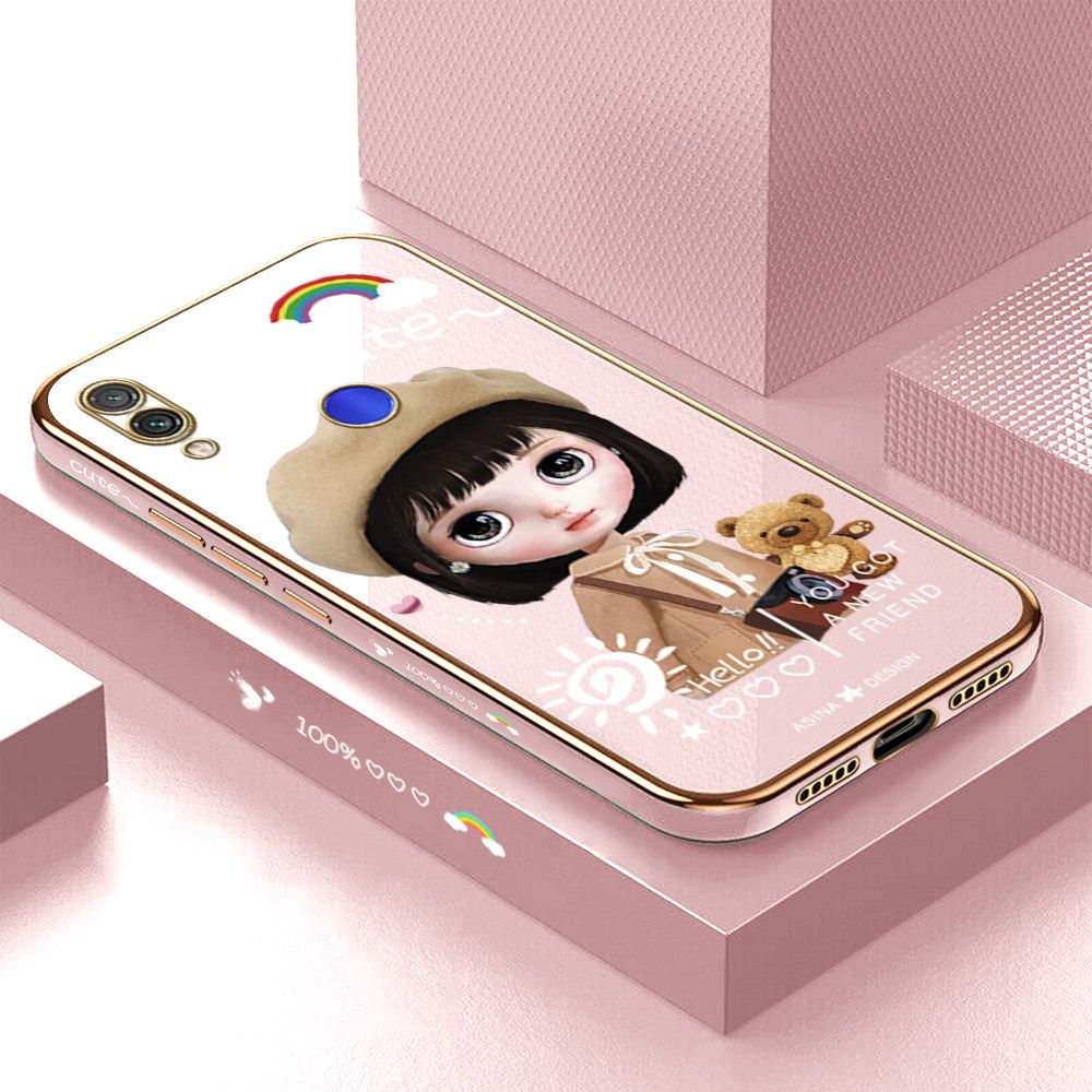 Luxury 6D Plating Soft Casing Silicone Square Frame Phone Case For Redmi Note 7 Pro Case Shiny Bling Back Cover Cute Girl With Shoulder Bag Square Edge Pattern Design Soft Case + Free Lanyard