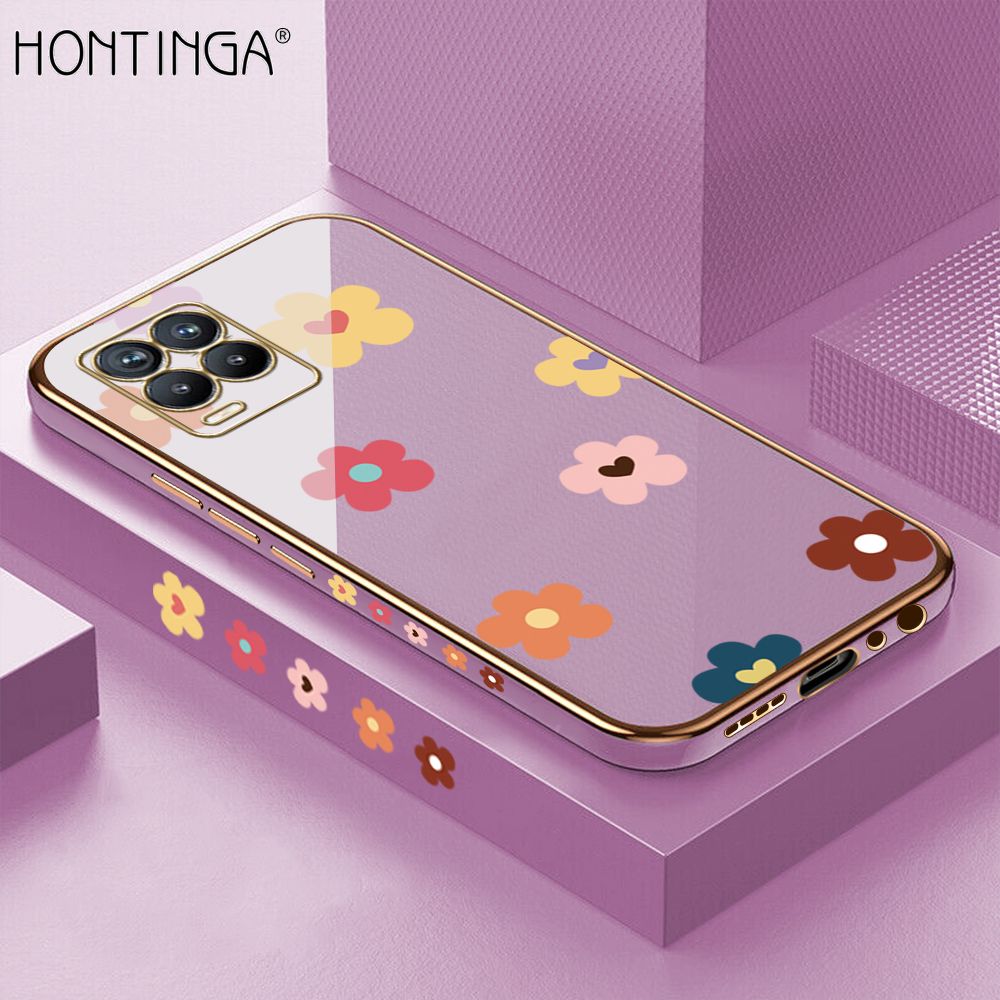 Hontinga for Realme 8 / 8 Pro Back Cover + Free Lanyard Luxury 6D Plating Falling Flower Side Pattern Case Soft Silicone Square Mobile Cover