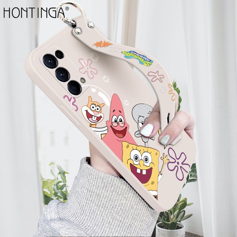 Hontinga for OPPO Reno5 Wrist Strap Case Cute Cute Funny Cartoon Sponge for Square Pants Cover Square Edge Liquid Silicone Anti-drop Phone Case