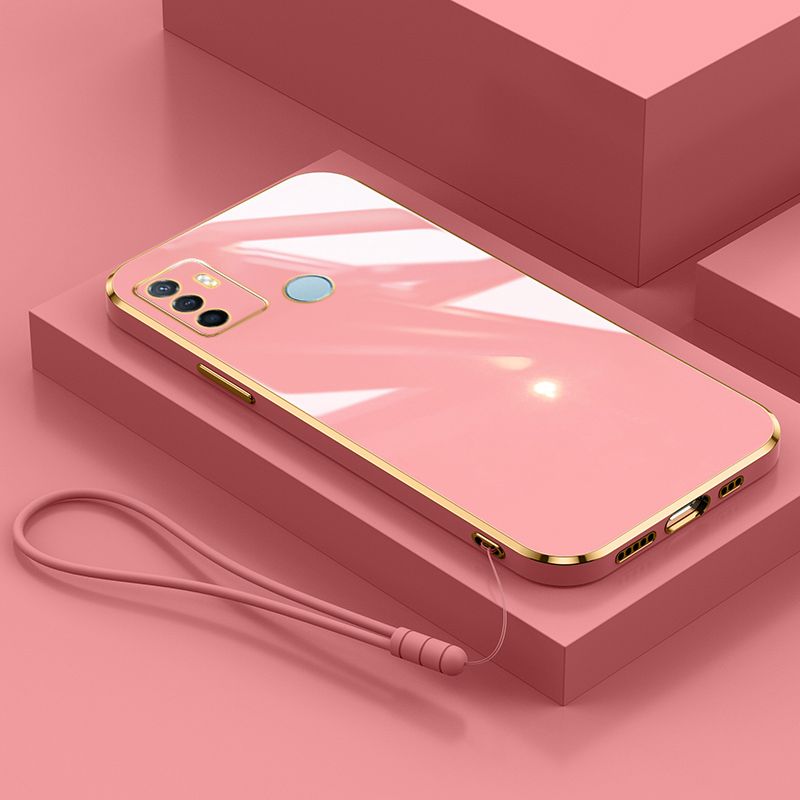 For OPPO A53 2020 Cover with Wrist Strap Fashion Shiny Plating Square Bumper Girls Phone Case Soft TPU Silicone Shockproof Protective Back Cover