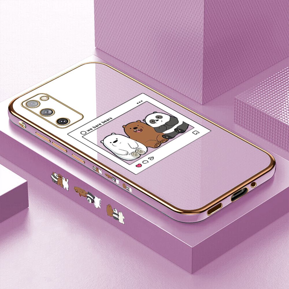 Luxury 6D Plating Case for Samsung S20 FE 5G Cute Cartoon Anime Bears Side Pattern Back Cover Soft Silicone Square Frame Shiny Bling Phone Cases + Free Lanyard