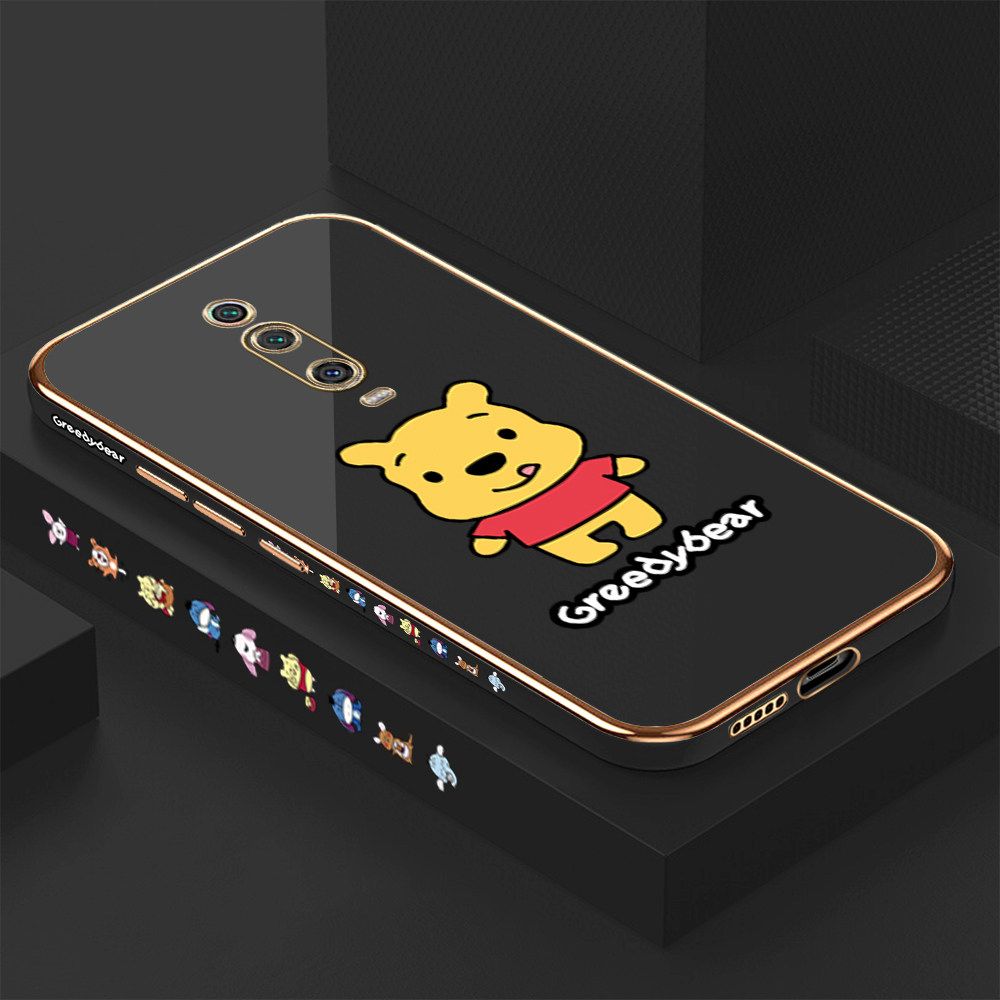 Luxury 6D Plating Case for Xiaomi 9T Squirming Little Sweet Bear Side Pattern Back Cover Soft Silicone Square Frame Shiny Bling Phone Cases + Free Lanyard