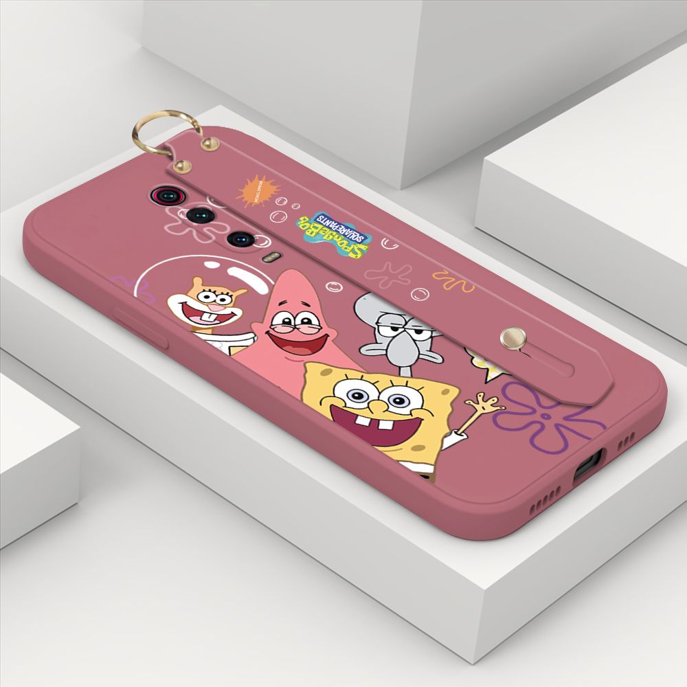 ZeroQiQi for Xiaomi Mi 9T Pro Wrist Strap Case Cute Cute Funny Cartoon Sponge for Square Pants Cover Square Edge Liquid Silicone Anti-drop Phone Case